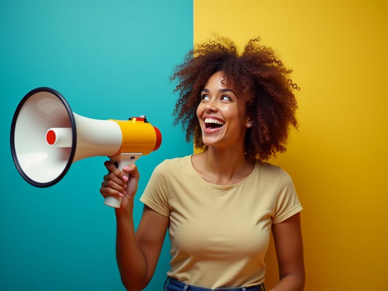 Femme tenant un mégaphone sur un fond coloré bleu et jaune