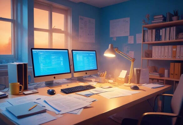 gestion de projet, ordinateur et deux écrans