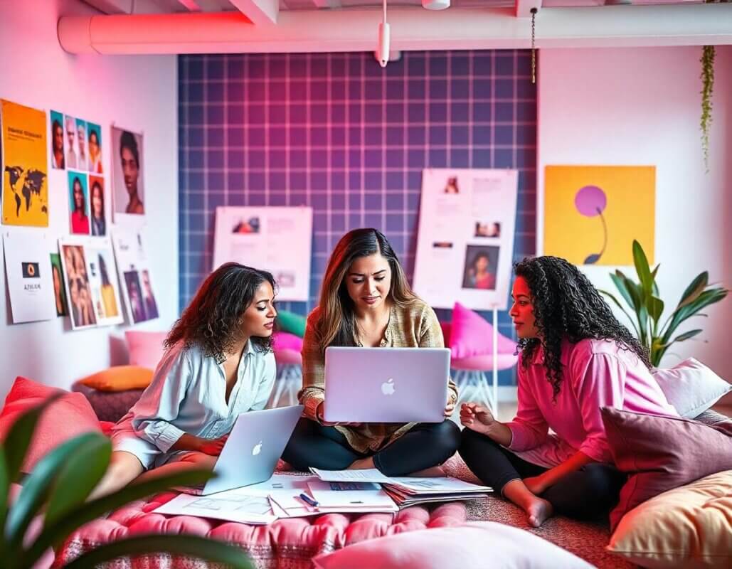 Groupe diversifié de femmes de différentes origines ethniques (africaine, asiatique, arabe, caucasienne) réunies dans un espace de travail moderne et créatif, collaborant sur des projets de branding et de bien-être, entourées de matériaux colorés comme des mood boards et des croquis. Une femme, au centre, représente la fondatrice d'Apsara World, concentrée sur son ordinateur portable en train de revoir des personas de marque, dans une pièce doucement éclairée avec des éléments naturels évoquant une atmosphère calme et inspirante, symbolisant la créativité, la connexion et l'authenticité.