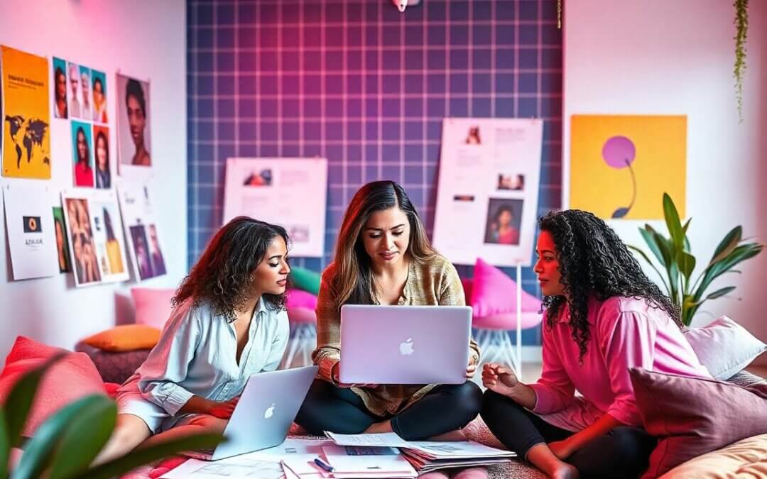 Groupe diversifié de femmes de différentes origines ethniques (africaine, asiatique, arabe, caucasienne) réunies dans un espace de travail moderne et créatif, collaborant sur des projets de branding et de bien-être, entourées de matériaux colorés comme des mood boards et des croquis. Une femme, au centre, représente la fondatrice d'Apsara World, concentrée sur son ordinateur portable en train de revoir des personas de marque, dans une pièce doucement éclairée avec des éléments naturels évoquant une atmosphère calme et inspirante, symbolisant la créativité, la connexion et l'authenticité.