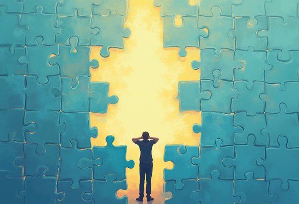 Puzzle branding générique qui s'effrite entrepreneure perplexe lumière naturelle
