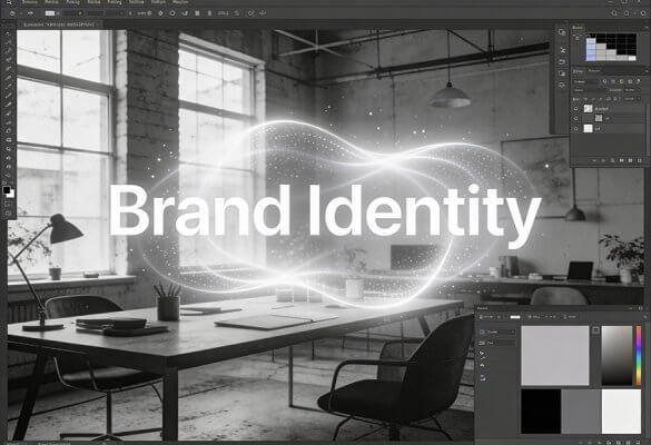 Illustration d'une designer travaillant sur un écran où l'on voit se transformer une aura énergétique colorée en palette de couleurs, typographies et formes graphiques.