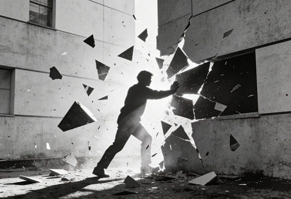 Illustration conceptuelle d'un ancien logo rigide qui se fissure, laissant apparaître une silhouette qui s'en libère et marche vers un univers plus créatif et fluide.