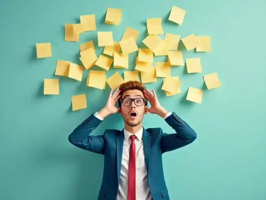 Personne débordée entourée d’alertes et de post-its, symbole de charge mentale liée au manque de documentation.