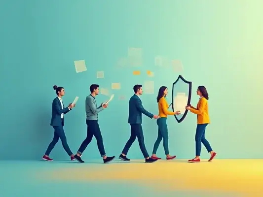 Équipe sereine travaillant avec une documentation organisée, symbole de sécurité et de continuité.
