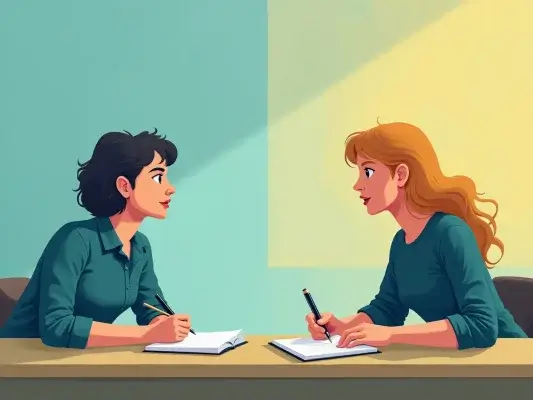 Deux personnes qui échangent face à un document écrit qui structure le savoir.