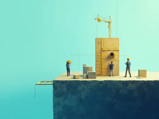 Illustration de fondations et plans symbolisant le travail invisible de structuration et de documentation.