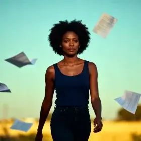 Femme marchant vers une lumière chaude, symbole de clarté et de recentrage.