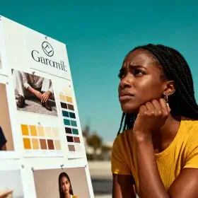 Entrepreneure regardant un tableau de marque avec une expression incertaine.